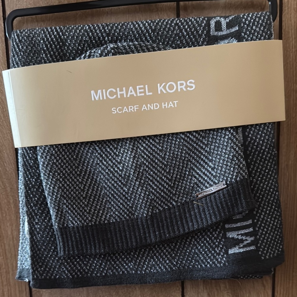 Michael Kors Black and Gray Herringbone Scarf